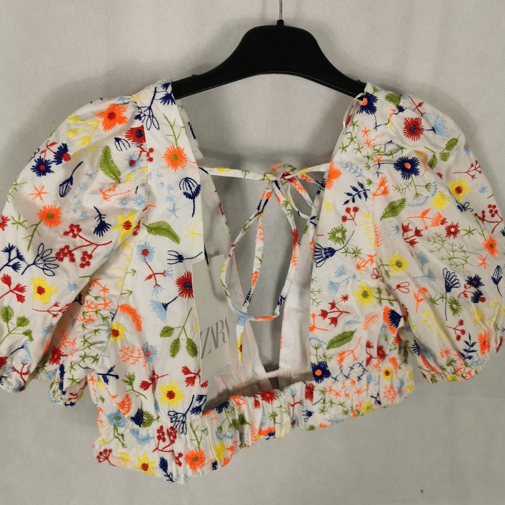 Ladies Top Size S 8 10 ZARA White Embroidered Cropped Poplin Blouse - Picture 4 of 6